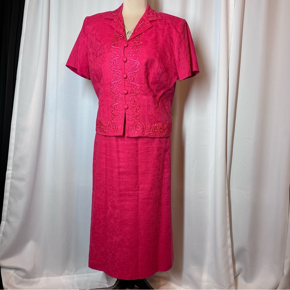 PLAZA SOUTH Petite 2PC Church Long Skirt Blazer Suit Sz‎ 12P Pink Embroidered